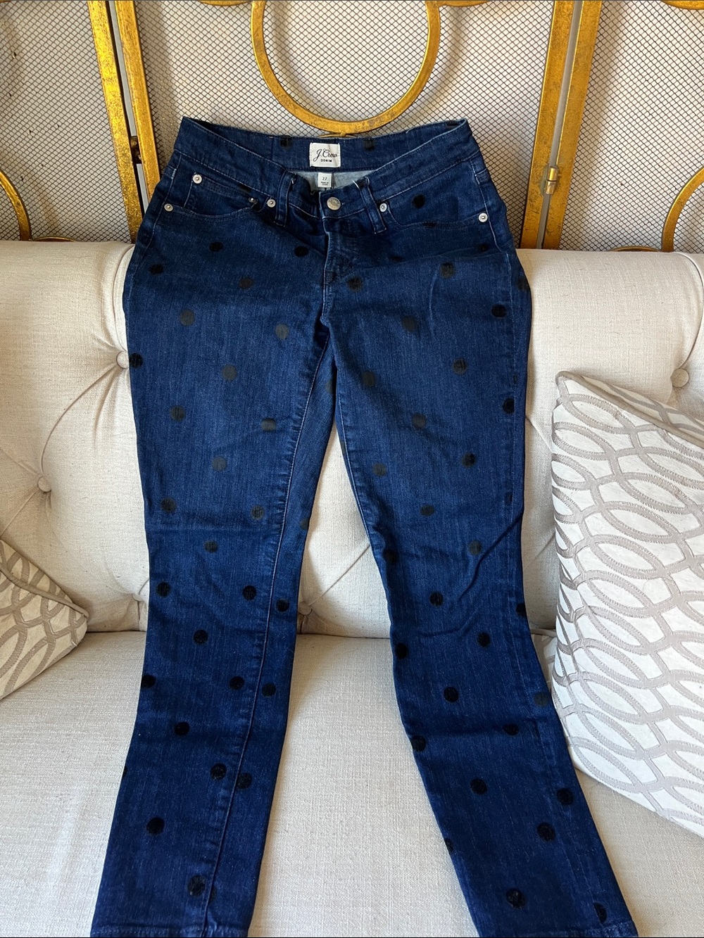 J. Crew Dark Blue Skinny Jeans with Black Polka Dots